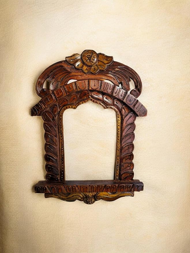 NAVKAR HANDICRAFT Wooden Jharokha Wall Hanging | 12x16 Inch Traditional Indian Window Frame | Handcrafted Antique Copper Finish Home Decor for Living Room, Entryway, Temple Wall Brand: NAVKAR HANDICRAFT